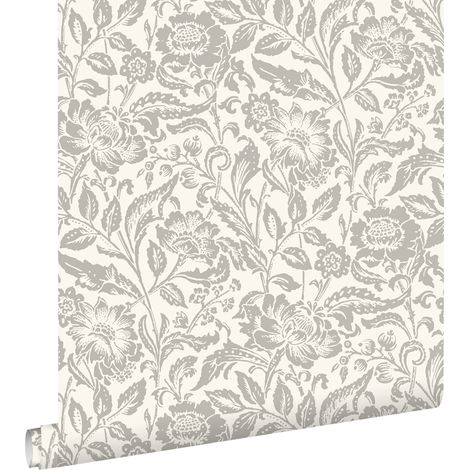 papier peint fleurs vintage gris et blanc - ESTAhome (1/5)
