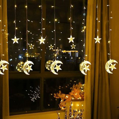 Vorhanglichter, 138 LED-Lichterketten, Lichterkette, Sterne und Monde, 2,5 m x 1 m, Lichterkette für Innen- und Außenbereich, dekoratives Schlafzimmerlicht, warmweiß (1/5)