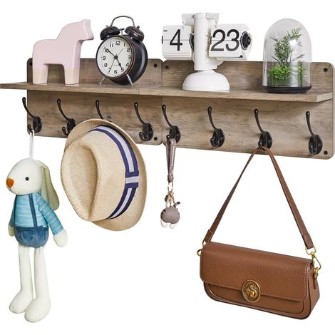 cintre mural, crochet à capuche en bois Set de 2, porte - manteau d'entrée avec 8 crochets, étagère flottante 80cm L, porte - clés,pour chambre à coucher,salle de bains, gris argenté (1/5)