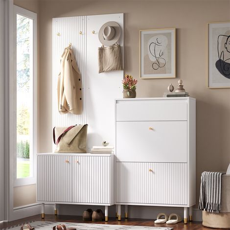 Ensemble Vestiaire Entrée - Meuble Chaussures et Armoire de Rangement - 70x35x180cm - Meuble d'Entrée 6 Patères Dorées - Blanc (1/5)
