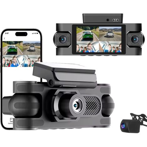 4K-Dashcam mit vier Objektiven – 4 Kanäle mit Infrarot-Nachtsicht, gleichzeitiger Aufnahme vorne/hinten/links/rechts, integriertem WLAN, 24/7-Parküberwachung und Loop-Aufnahme – Weitwinkel-Auto-DVR – 