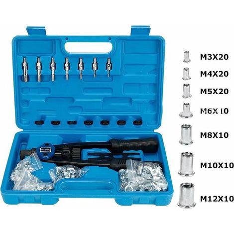 Kit d'installation d'écrou avec 100 mandrins métriques assortis M3/M4/M5/M6/M8/M10/M12 et étui de transport moulé (1/5)