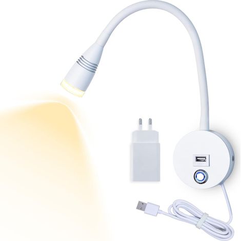 Lampe de Lecture Murale LED Applique Liseuse Col de Cygne Flexible 3W Dimmable Interrupteur Tactile Lampe avec Port de Chargement USB et Câble Chevet Murale Lumières(Blanc (1/5)