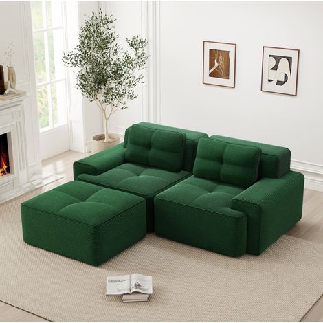 Divano modulare con ottomana verde in velluto a coste con seduta profonda 74 cm e design sfoderato (1/5)