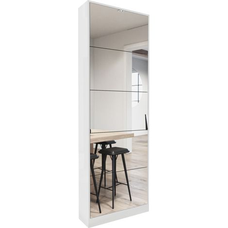 Zapatero estrecho con espejo de cuerpo entero, 5 cajones abatibles, MDF, blanco (1/5)