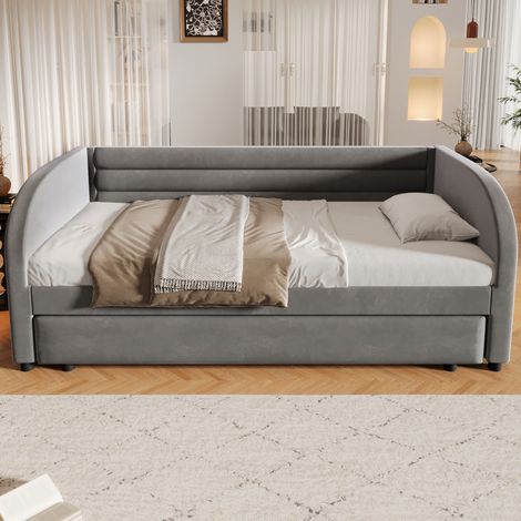 90x200 gepolstertes Plattformbett mit Praktisches Ausziehbett & LED-Beleuchtung,Grau (1/5)