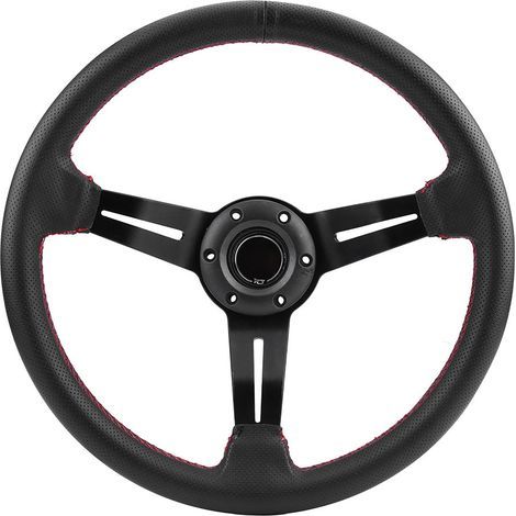 Volante de coche de cuero perforado negro con marco universal de aluminio de 350 mm/14 pulgadas con claxon (rojo). (1/5)