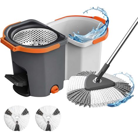 Relaxdays set mocio, secchio 14,5L&centrifuga, impilabile, pedale, 27x30x54,5 cm, 2x testine microfibra, grigio (1/5)