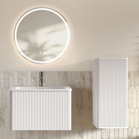 Mobile bagno con lavabo, specchio LED rotondo 60 cm e colonna, bianco DESVIAE (1/5)