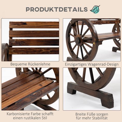 Banque de jardin design roue de chariot, pour 2 personnes, bois naturel marron foncé, 105,5 x 56 x 79 cm (1/5)