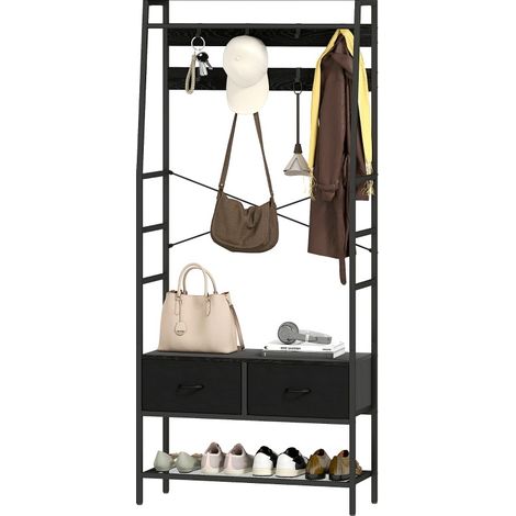 Porte-manteau sur pied avec étagère à chaussures, 2 tiroirs en tissu, 8 crochets, tablette et anti-basculement, style industriel noir pour entrée CHICFURN (1/5)