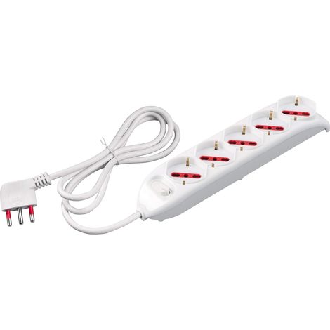 Multipresa con spina 16A piegata a 90°, 5 prese bipasso/schuko 10A/16A, cavo 1,5 metri, con interruttore, bianco, serie Emilia - Rosi RS94005 (1/3)