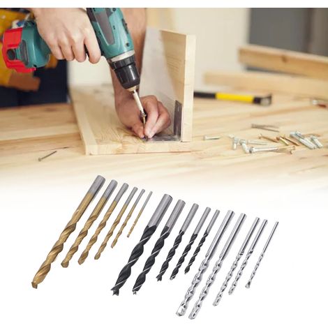 Gemischtes Set aus 16 Spiralbohrern, Baubohrern, Holzbohrern, Metallbohrern, Betonwandbohrern, Holzbohrern und Holzblockbohrern zum Bohren von Löchern. (1/5)