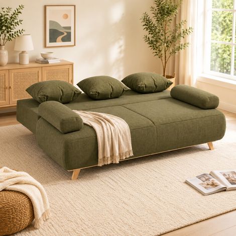 Canapé-lit 3 places en velours côtelé vert foncé, dossier réglable, coffre de rangement caché et couchage 188 x 140 cm, avec coussins, structure en bois – CHICFURN (1/5)