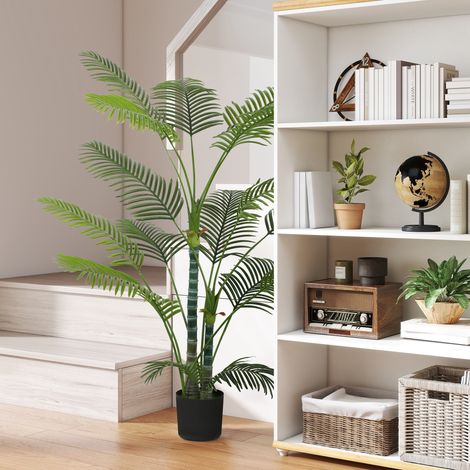 Palmier artificiel avec 16 feuilles en plastique, plante artificielle résistante aux UV avec pot en plastique, pour une utilisation intérieure et extérieure, vert