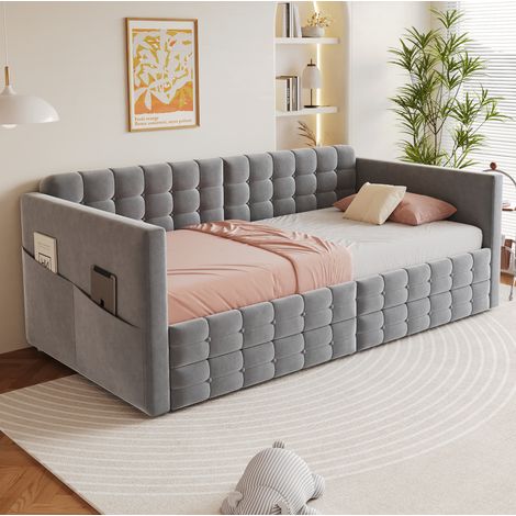 Cama tapizada 90 x 190 cm con almacenaje, 2 cajones, terciopelo gris OKMYHOME (1/5)