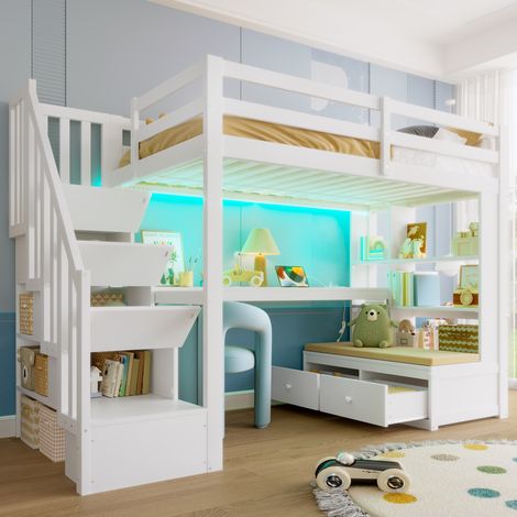 Cama alta con escritorio y almacenaje juvenil blanca OKMYHOME (1/5)
