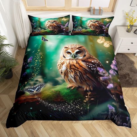 Housse de Couette 200x200 Hibou Mignon, Parure de Lit Papillon Néon pour Fille Femme, Sets de Housses de Couettes Jungle Vert Sarcelle, Couvre Lit Floral Violet Lavande - 200x200cm + 2 Taies Oreiller (1/5)