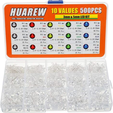10 valeurs 500 pièces LED diode électroluminescente 3mm 5mm avec blanc, rouge, jaune, vert, bleu 5 couleurs kit de classification (1/5)