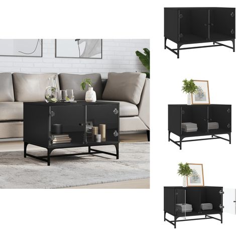 Table basse avec portes en verre noir 68,5x50x50 cm - Table Basse - Meuble TV - Table D'appoint - Table Design - Table Salle Séjour (1/5)