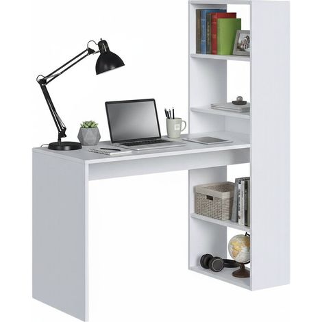 Escritorio reversible Dmora con librería de cinco estantes, color blanco, 120 x 144 x 53 cm.