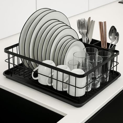 Égouttoir sur évier 42×32 cm INOX, porte-couverts, noir, petit rack.