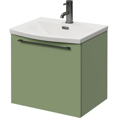 Napoli 390 Olive Green 500mm Wall Mounted Single Drawer Vanity Unit with Arc Basin - 500mm - Gunmetal Grey 320mm Handle