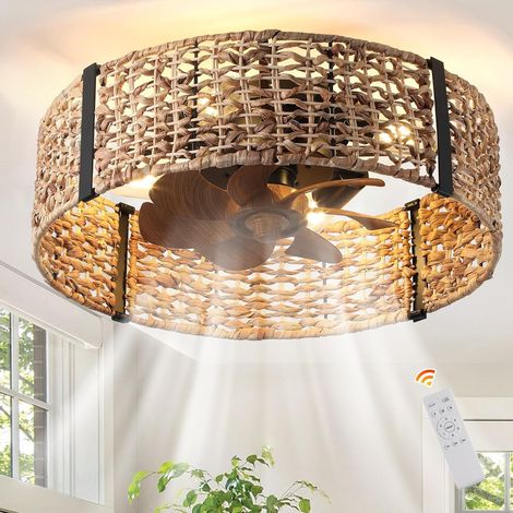 Ganeed Ventilateur de plafond Boho Fandelier avec éclairage, ventilateur de plafond à cage en rotin avec éclairage et télécommande, 6 vitesses pour chambre à coucher, salon, véranda, chambre d'enfant (1/5)