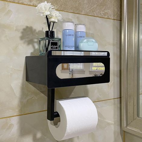 1 porte-papier toilette, avec tiroir de rangement, miroir intégré, acier inoxydable, installation auto-adhésive ou vissée, salle de bain (1/5)