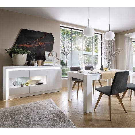 Esszimmer Möbel Set mit Auszugstisch (140/180 cm) in weiß Hochglanz, inkl. indirekter Beleuchtung, LYNDHURST-129 (1/5)