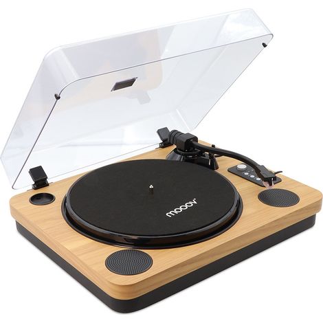 Platine vinyle Bluetooth effet bois 33/45/78 tours – Haut-parleurs intégrés – Port USB pour enregistrement – Récepteur Bluetooth 5.0 – Mooov