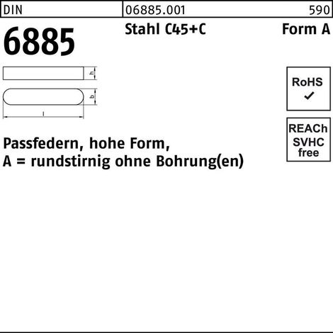 Passfeder DIN 6885 Form A rundstirnig/o.Bohrung A 28 x 16 x120 Stahl C45+C 5St. (1/2)
