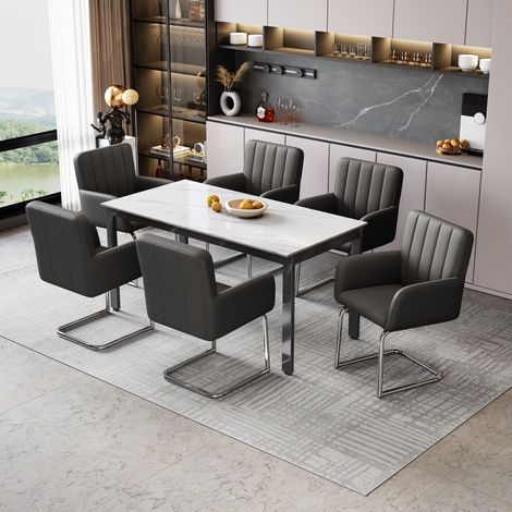 Lot de 6 chaises de salle à manger en simili cuir noir, dossier à bandes, pieds métal Z, REDOM (1/5)