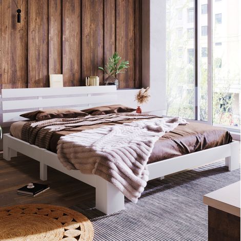 Cama doble de madera maciza blanca 140x200 cm con cabecero y somier de láminas (1/5)