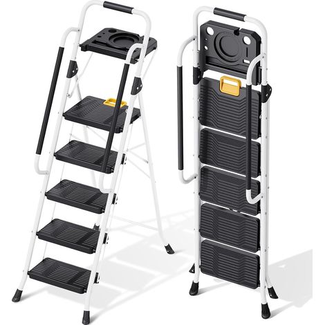 Escabeau Pliable 5 marches Charge maximale de 150kg Verrouillage de sécurité, pédales Larges accoudoirs escabeau escamotable légères pour la Maison, Cuisine, Placard et Bureau, Blanc (1/5)