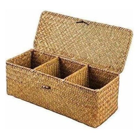 Panier de Rangement avec Couvercle Rectangulaire Coffre en Osier avec Compartiments Organisable Papier Toilette Snack Jouets (1/4)