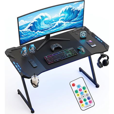 Jiubiaz Mesa gaming LED RGB 120x60 cm escritorio patas Z carbono alfombrilla negra (1/5)