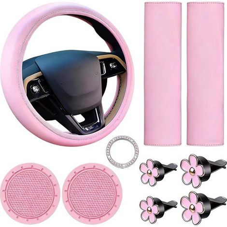 Juego de 10 accesorios para coche: 1 funda para volante (apta para volantes con un diámetro de 37-38 cm,2 posavasos (7 cm),23 x 6,5 cm,38 cm,7 cm (1/5)