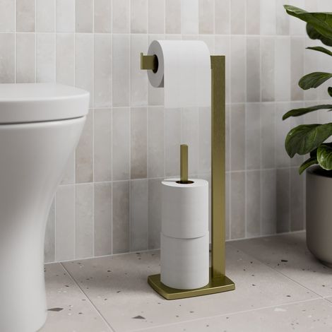 Aquari Brushed Brass Freestanding Toilet Roll Holder Square Modern Bathroom Accessories (1/3)