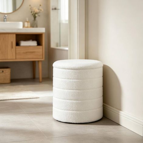 Pouf contenitore 40.5x40.5x43 cm bianco in Lammfell-Optik fleece e MDF pieghevole con coperchio reversibile (1/5)