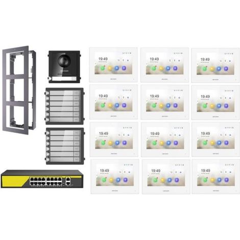 KIT Videocitofono IP Poe Hikvision 12 appartamenti Monitor bianco WIFI smart telecamera 2 mpx