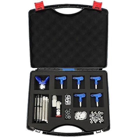 Boîte à outils pour pulvérisateur sans air hg : rangement, supports de buses, filtre de pulvérisation, vis sans fin, joint universel (1/5)