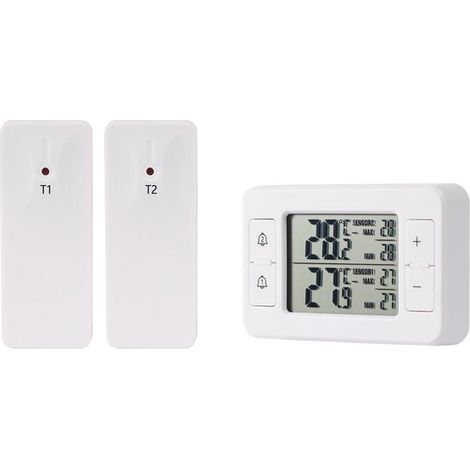 Termometro wireless per la casa, termometro digitale a doppio sensore, display LCD, memoria valori massimi/minimi, allarme acustico, per casa e sala da pranzo, bianco (1/5)