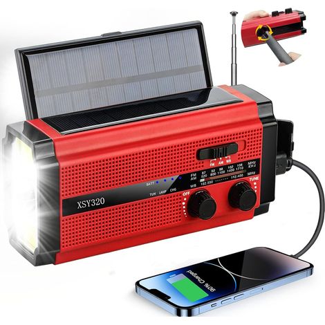 Radio portable à énergie solaire et à manivelle avec lampe torche LED pour une utilisation en extérieur, radio AM/FM, batterie 5000 mAh, rouge. (1/5)