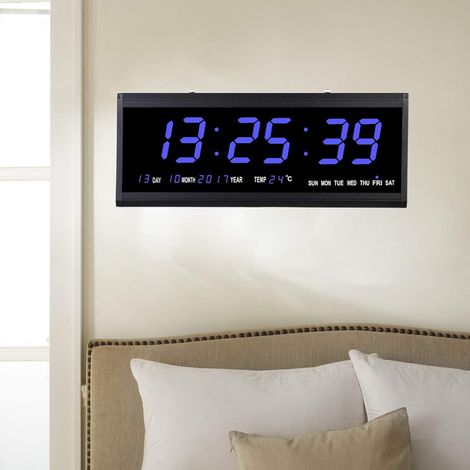 Led Digitale Wanduhr 48cm Kalenderuhr Temperatur Wanduhren Digitaluhr Ziffer Display Tischuhr für Zimmer Küche Büro, EU Stecker (Blau)