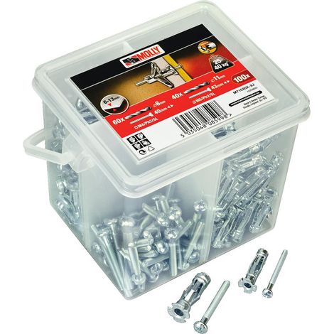 Seau de 100 chevilles pour cloison sèche – 60 chevilles métal Ø4 x 33mm + 40 chevilles métal Ø5 x 36mm – Charge jusqu’à 45mm d’épaisseur – Molly