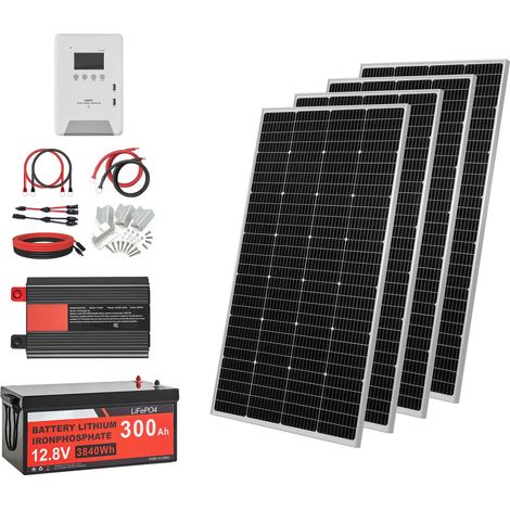 Mophorn 800W Solaranlage Komplettset, Inselanlage mit 4x 200W Mono-Solarpanelen, 12,8V 300Ah LiFePO4 Akku, 60A MPPT Laderegler & 12V 2000W Wechselrichter, Photovoltaiksystem für Zuhause (1/5)