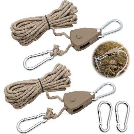 2 Pièces Corde à Cliquet Réglable 4M, Poulie à Cliquet Kaki 1/8 avec 2 Replacement Crochets, Tendeur de Corde à Cliquet Réfléchissante pour Lampe Plantes Tente Randonnée (1/4)
