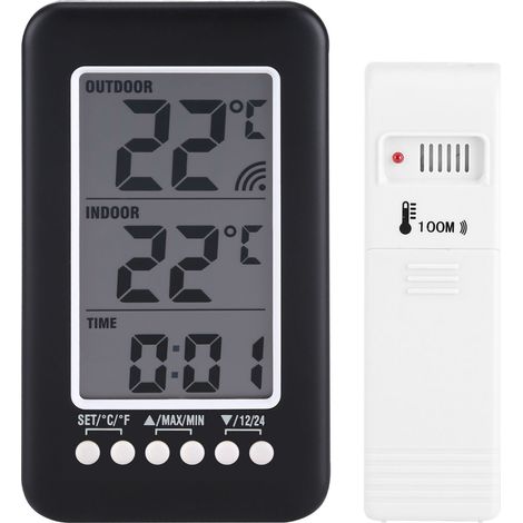Thermomètre Numérique LCD Intérieur Extérieur avec Transmetteur Sans Fil Horloge