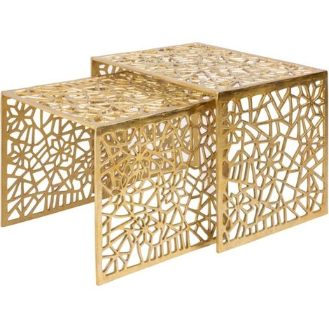 Mesas nido METRIX doradas – Mesas bajas de diseño en aluminio con motivos geométricos